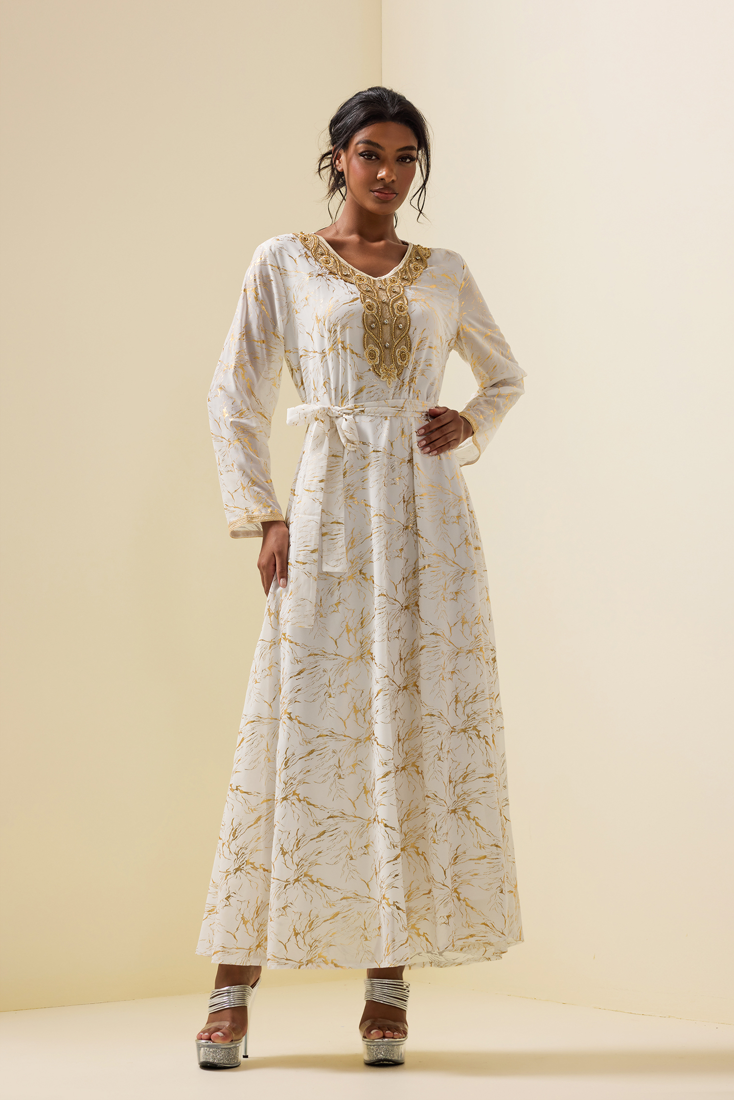 Abstract Print Gold Foil Stamping Midi Dress