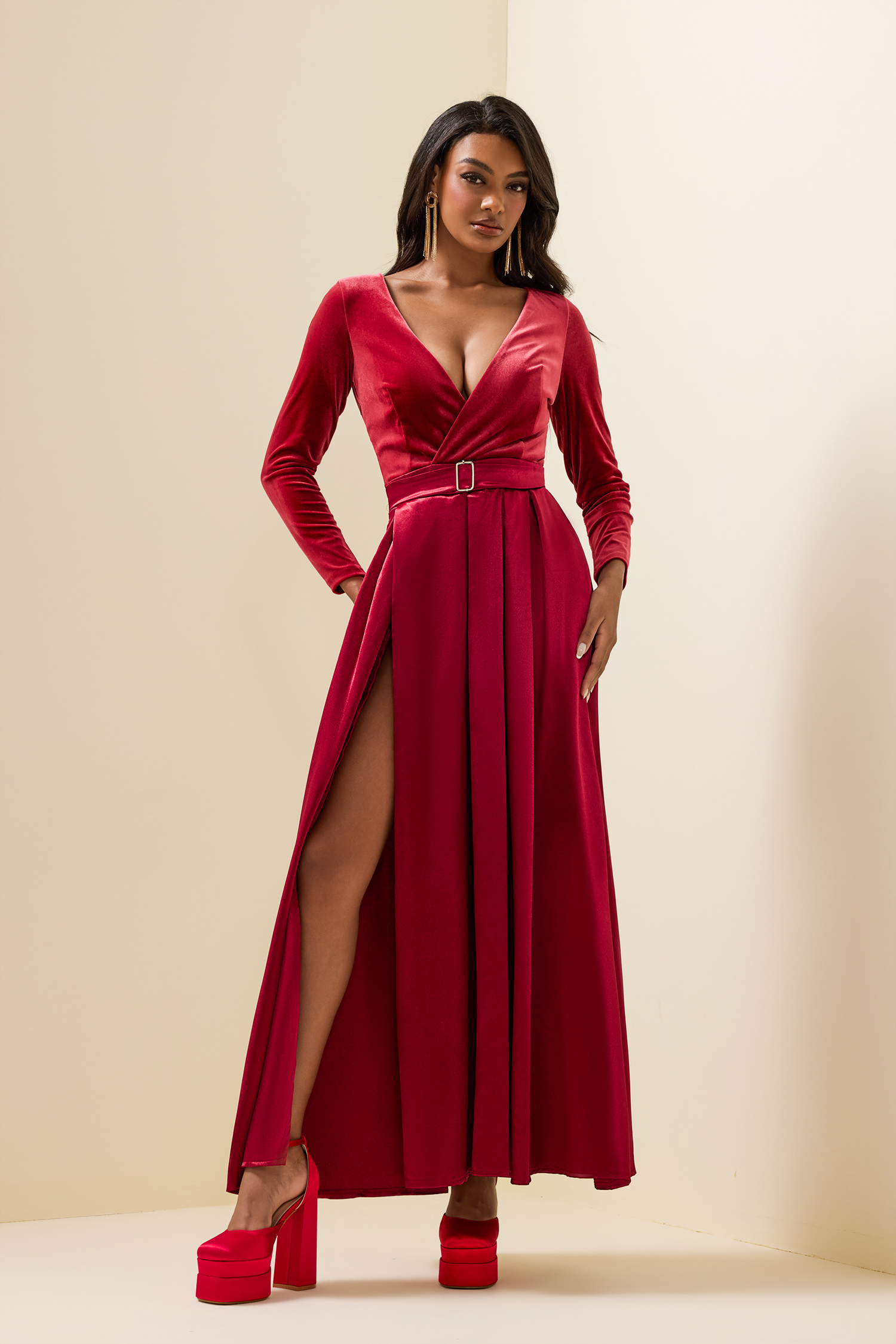 Solid Velvet Split Midi Dress