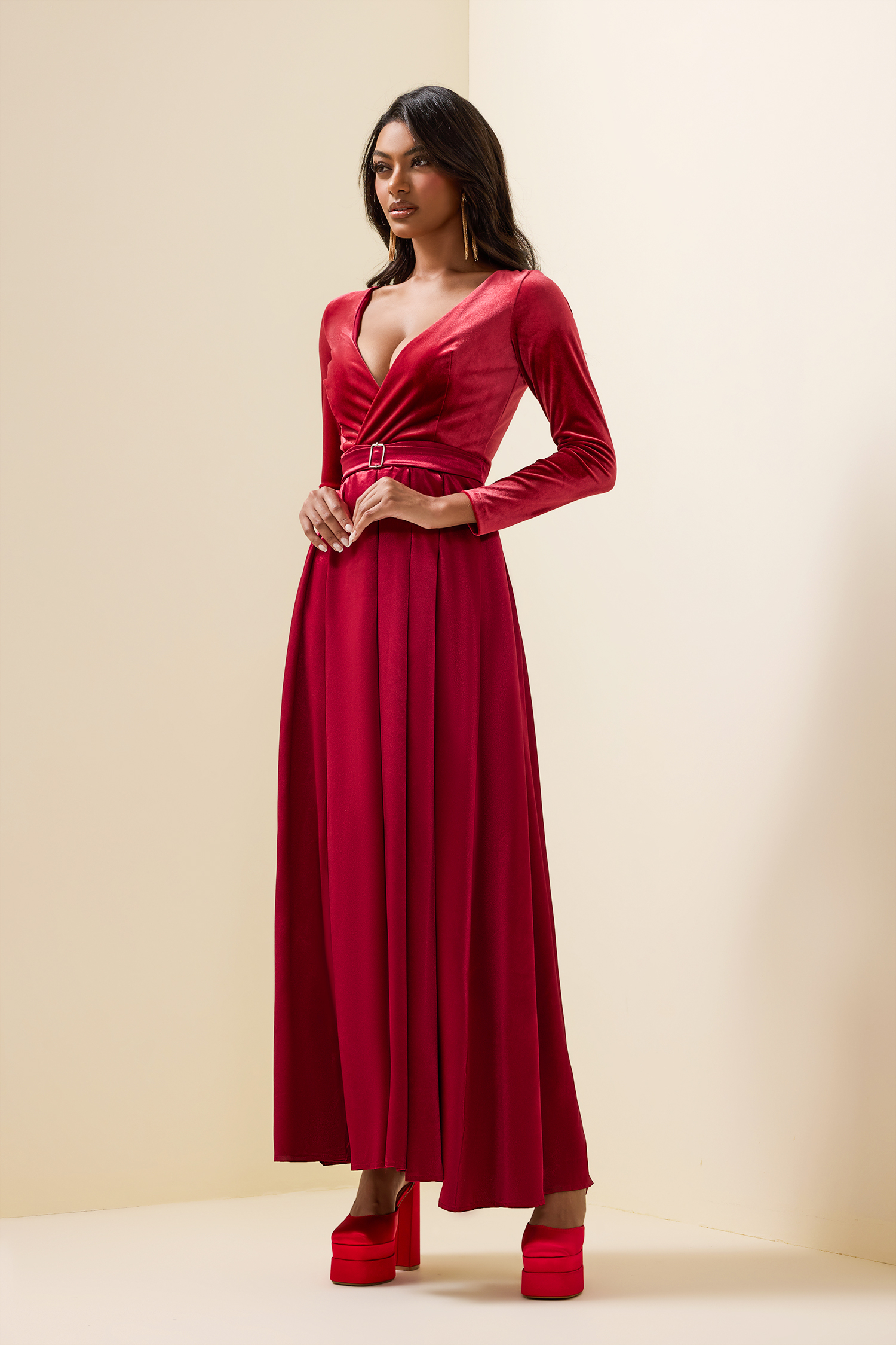 Solid Velvet Split Midi Dress