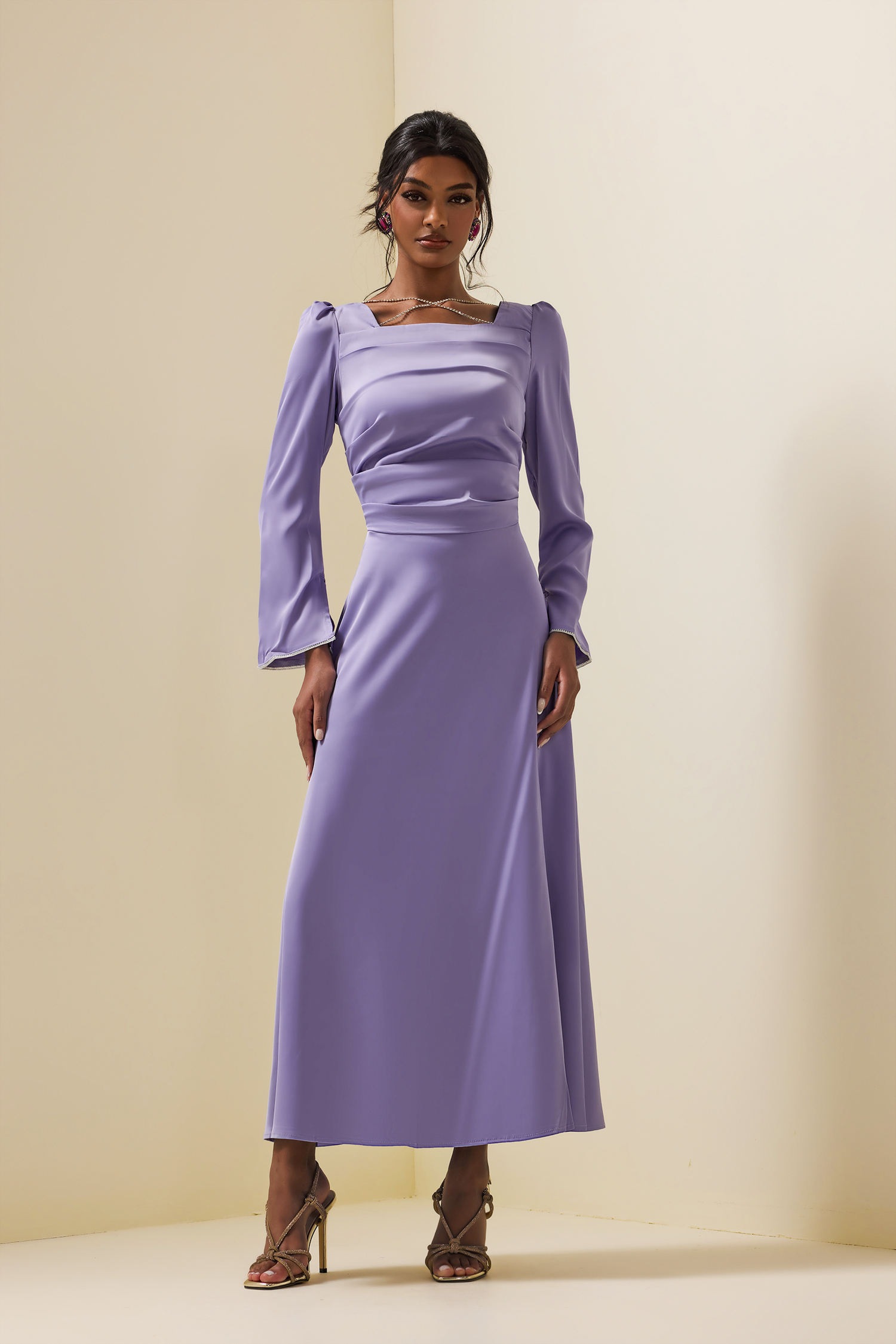 Solid Satin Rhinestone Maxi Dress