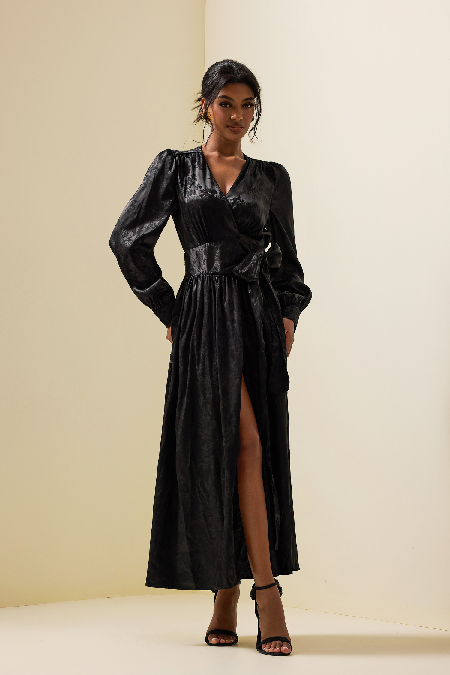 Jacquard Lantern Sleeve Warp Midi Dress