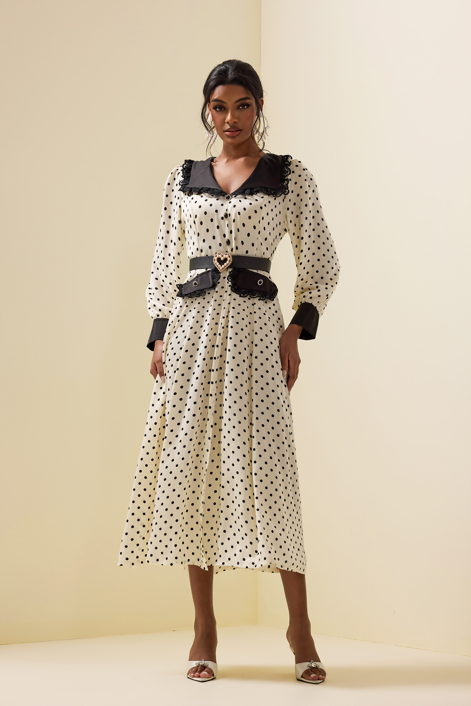 Polka Dot Lace Lantern Sleeve Midi Dress With Belt
