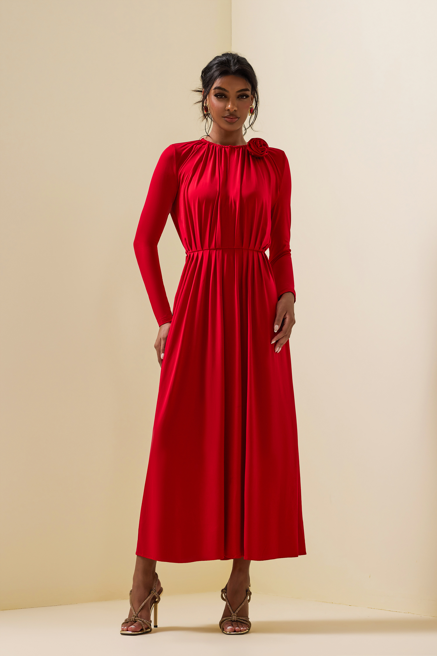 3D Floral Jersey Solid Bottom Midi Dress