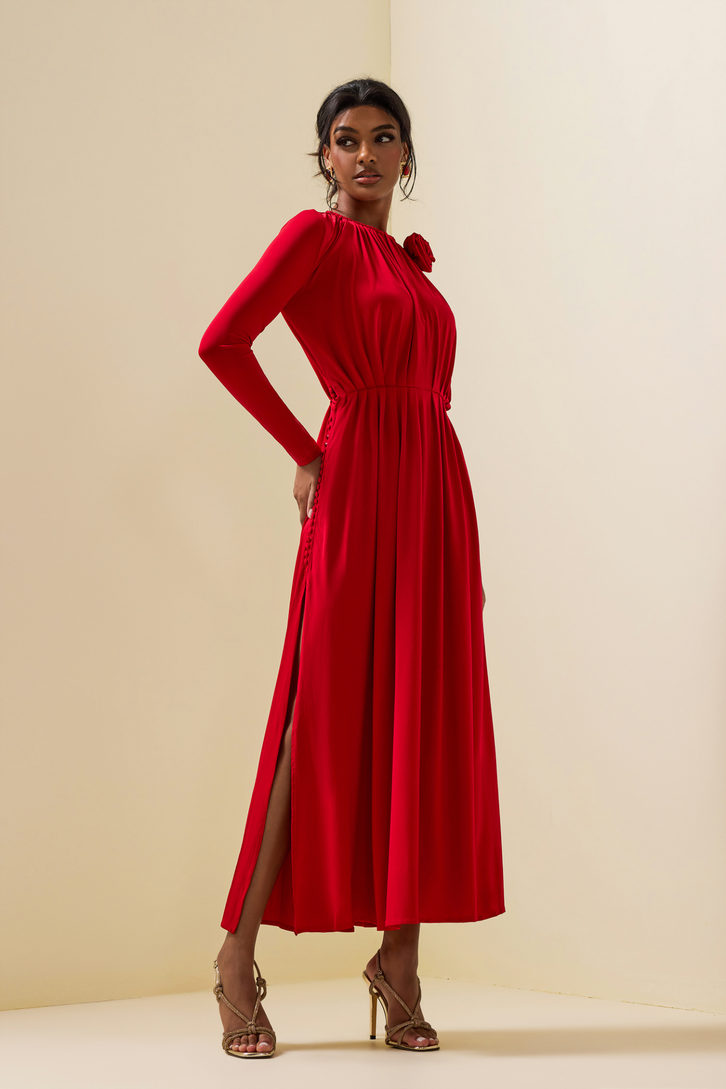 3D Floral Jersey Solid Bottom Midi Dress