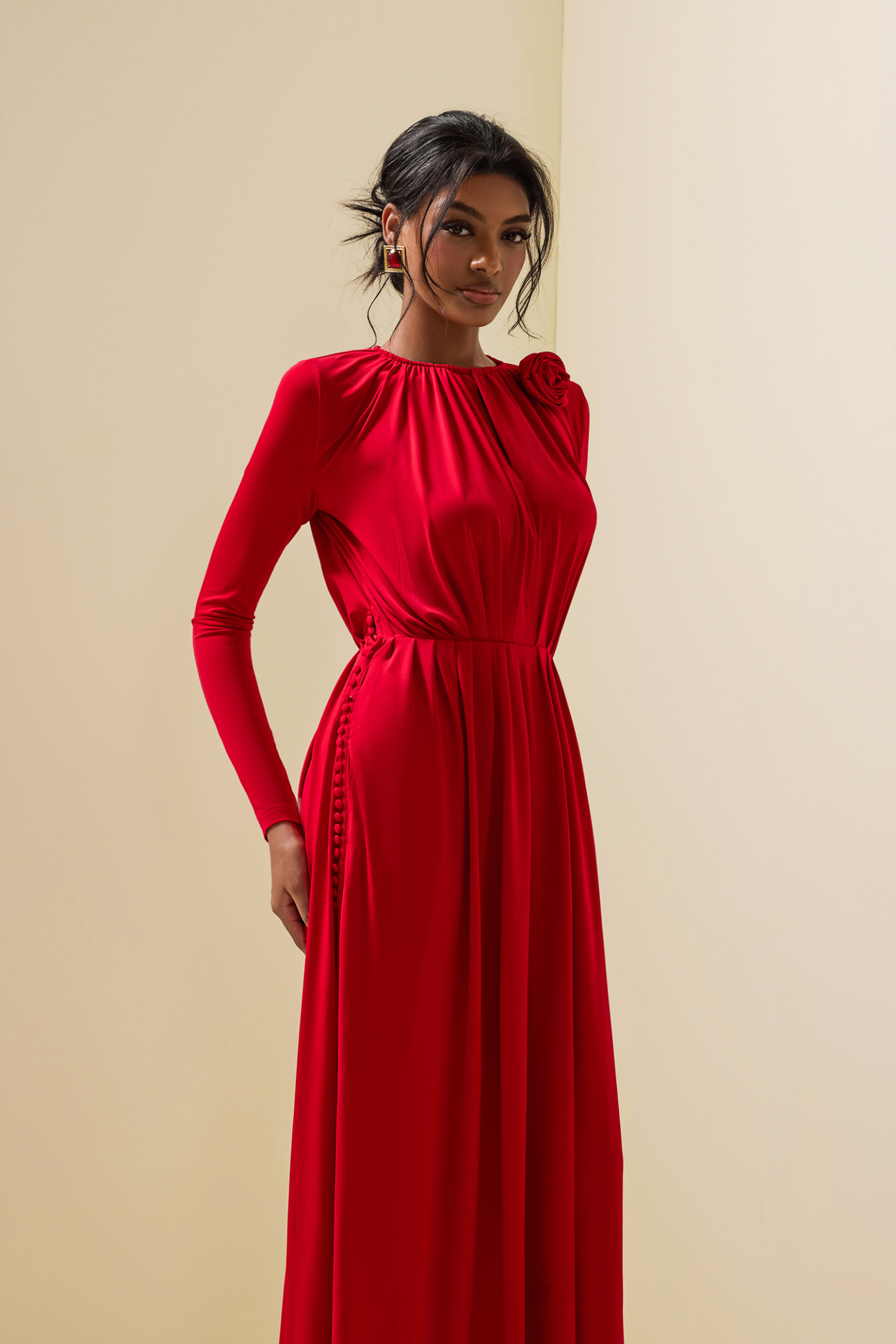 3D Floral Jersey Solid Bottom Midi Dress