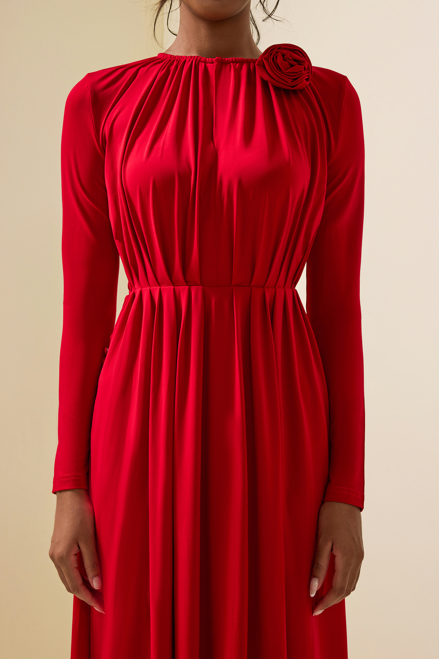 3D Floral Jersey Solid Bottom Midi Dress