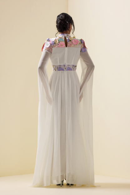 Embroidered Floral Cape Sleeve Maxi Dress White
