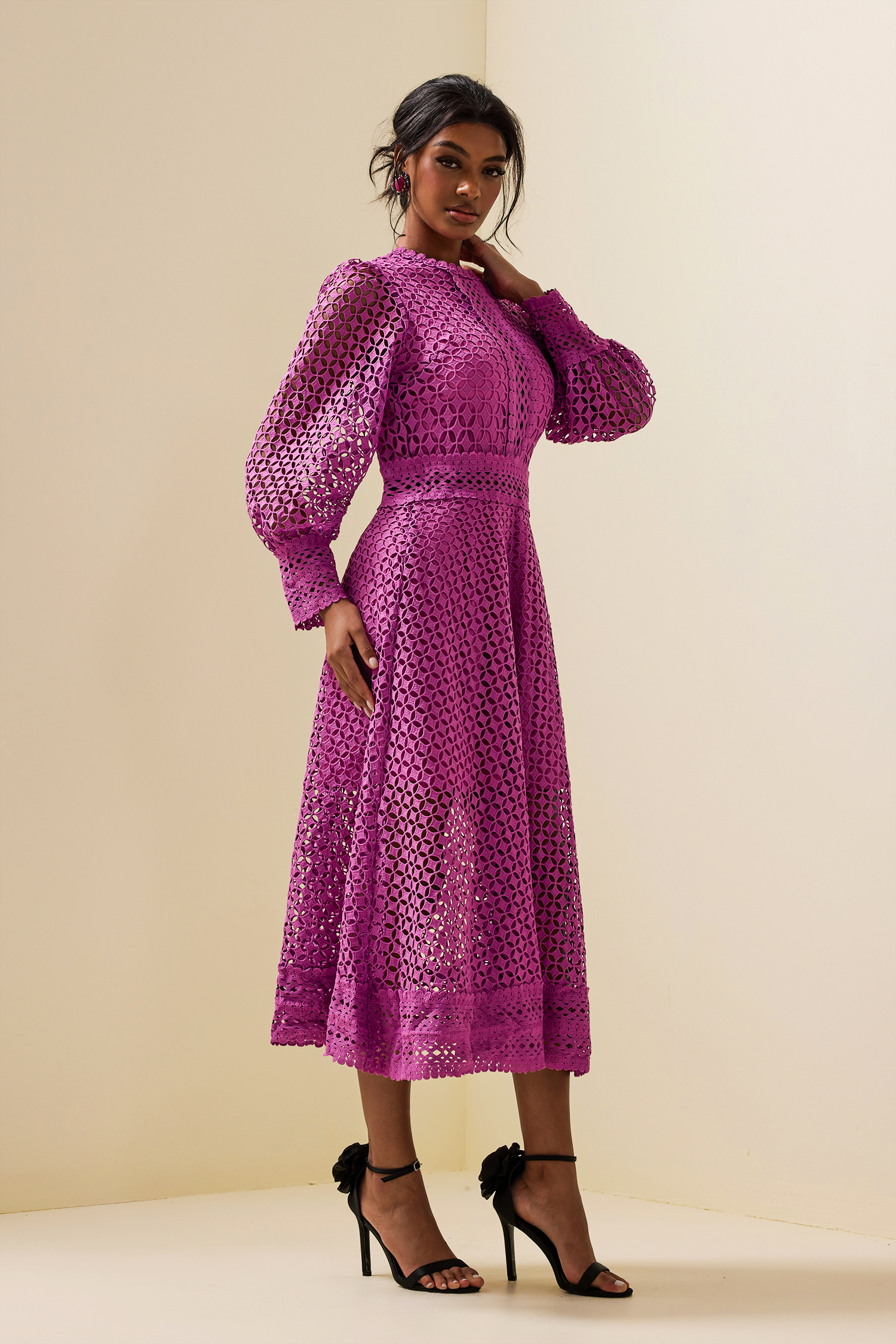Solid Lace Lantern Sleeve Midi Dress