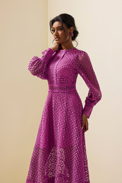 Solid Lace Lantern Sleeve Midi Dress