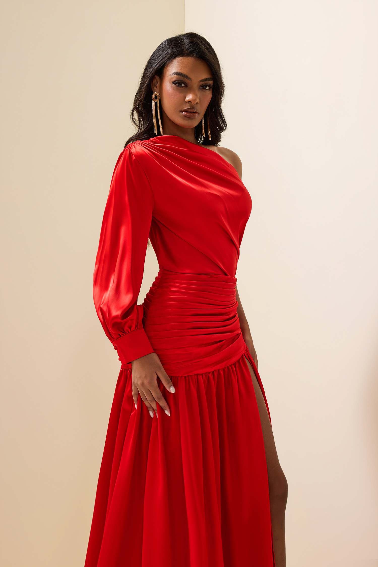 Satin Pleat One-Shoulder Long Sleeve Maxi Dress