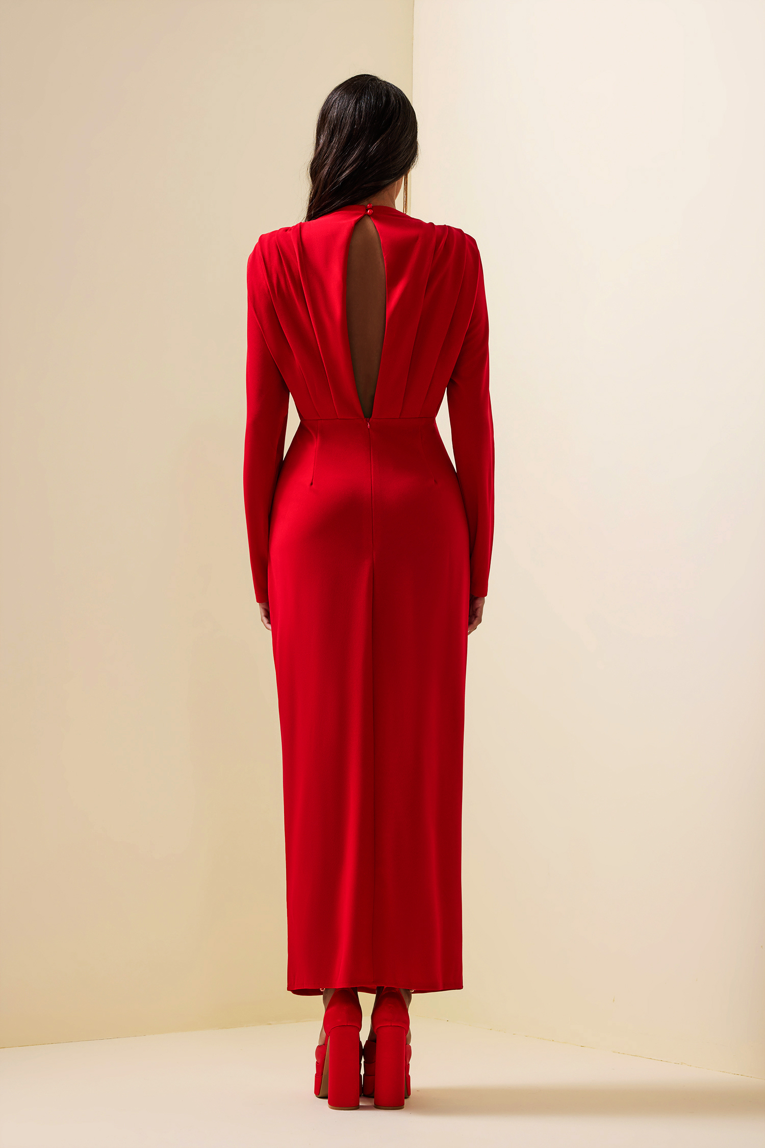 Solid High Split Long Sleeve Midi Dress