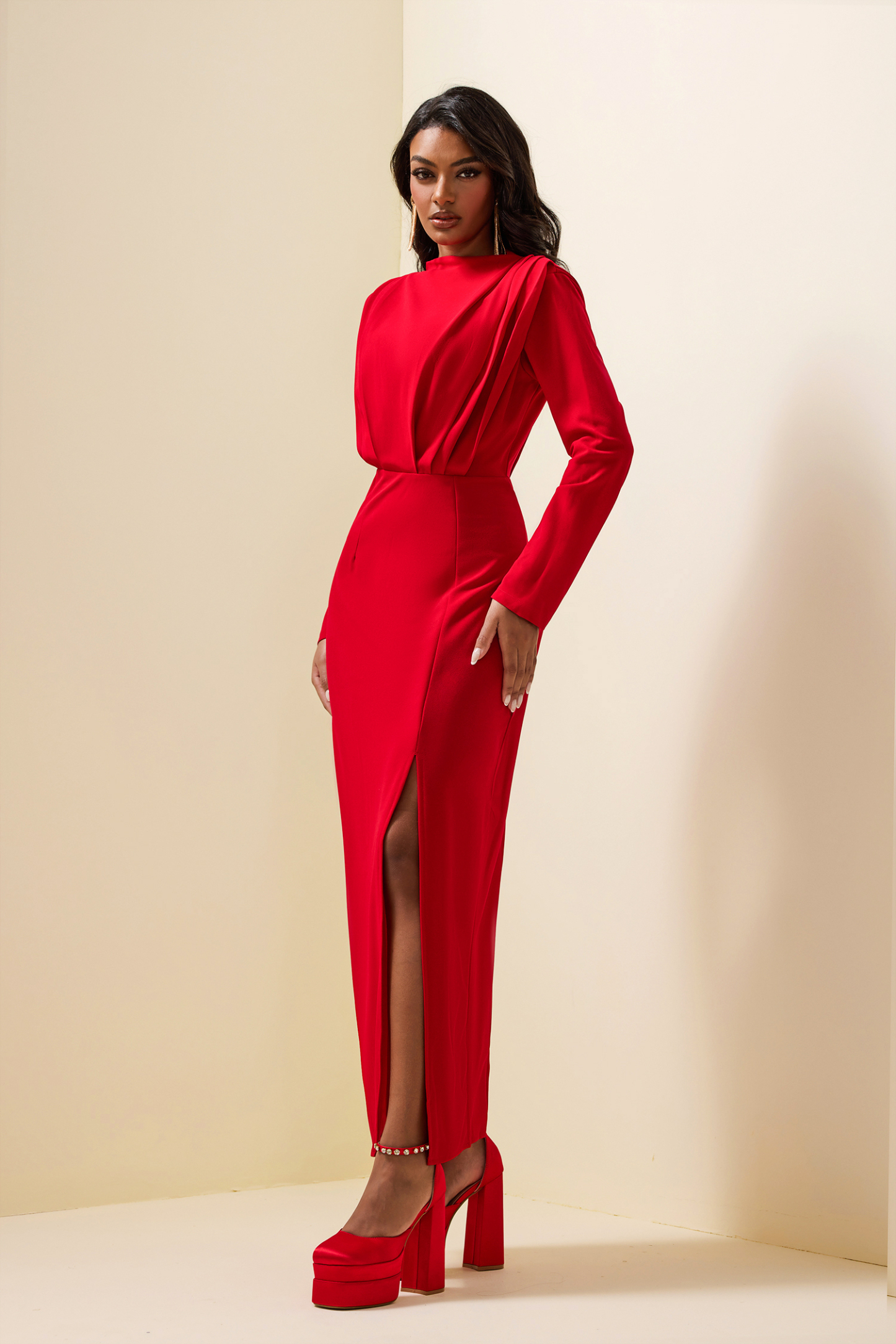 Solid High Split Long Sleeve Midi Dress