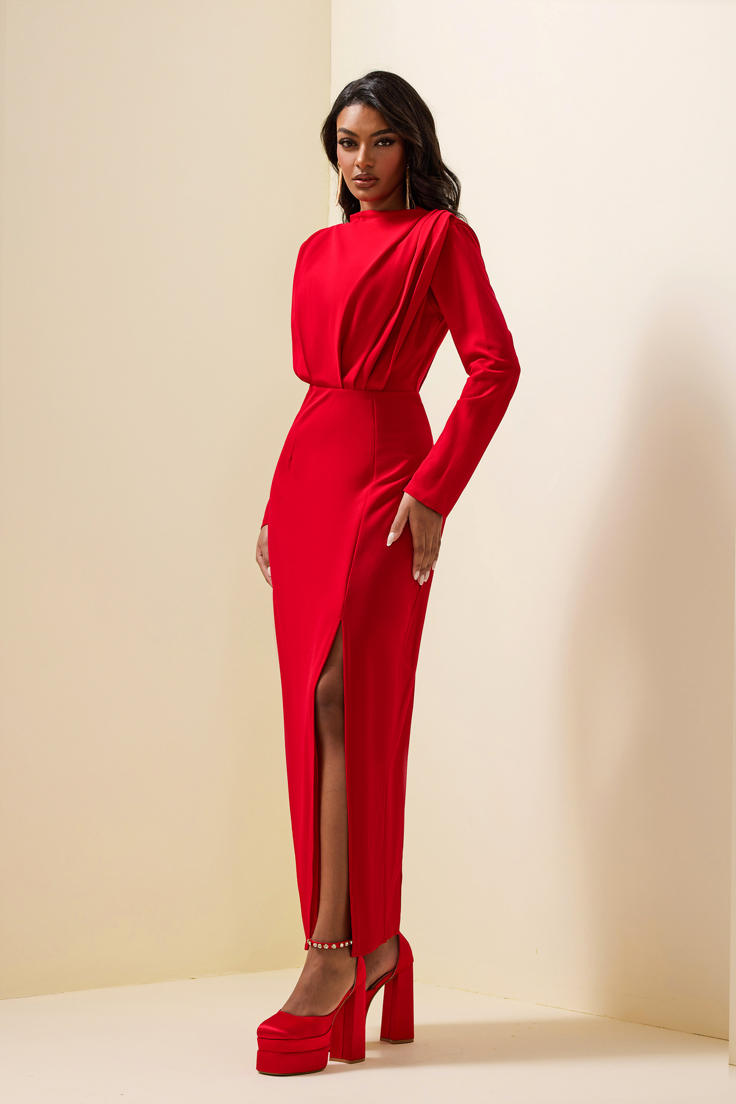 Solid High Split Long Sleeve Midi Dress