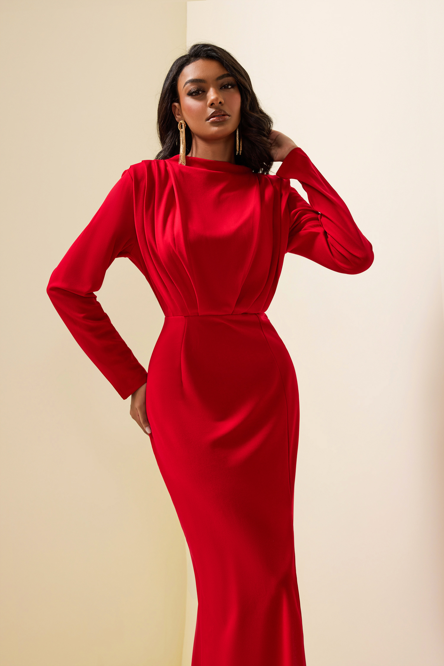 Solid High Split Long Sleeve Midi Dress