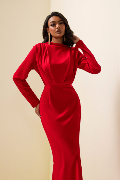 Solid High Split Long Sleeve Midi Dress