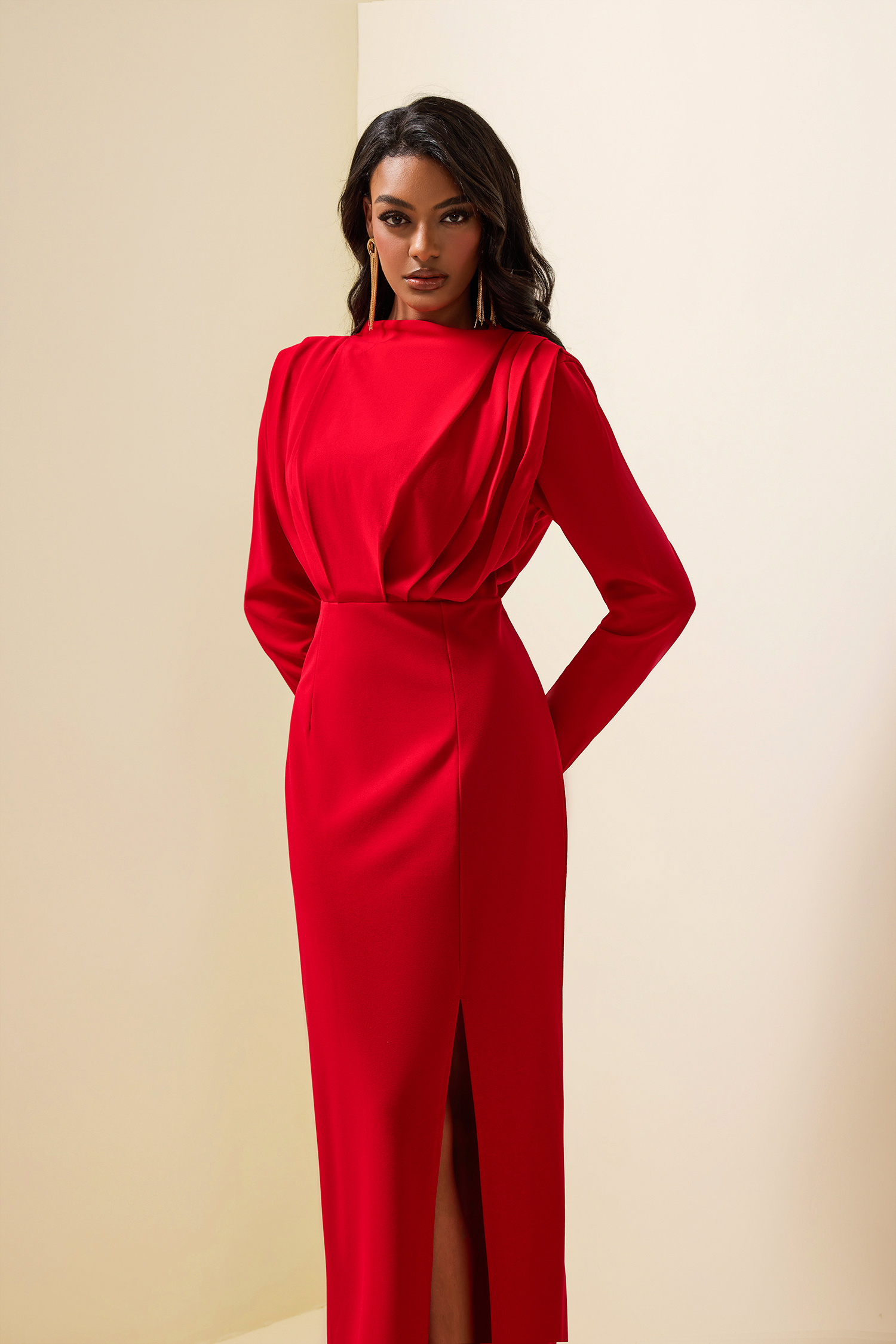 Solid High Split Long Sleeve Midi Dress