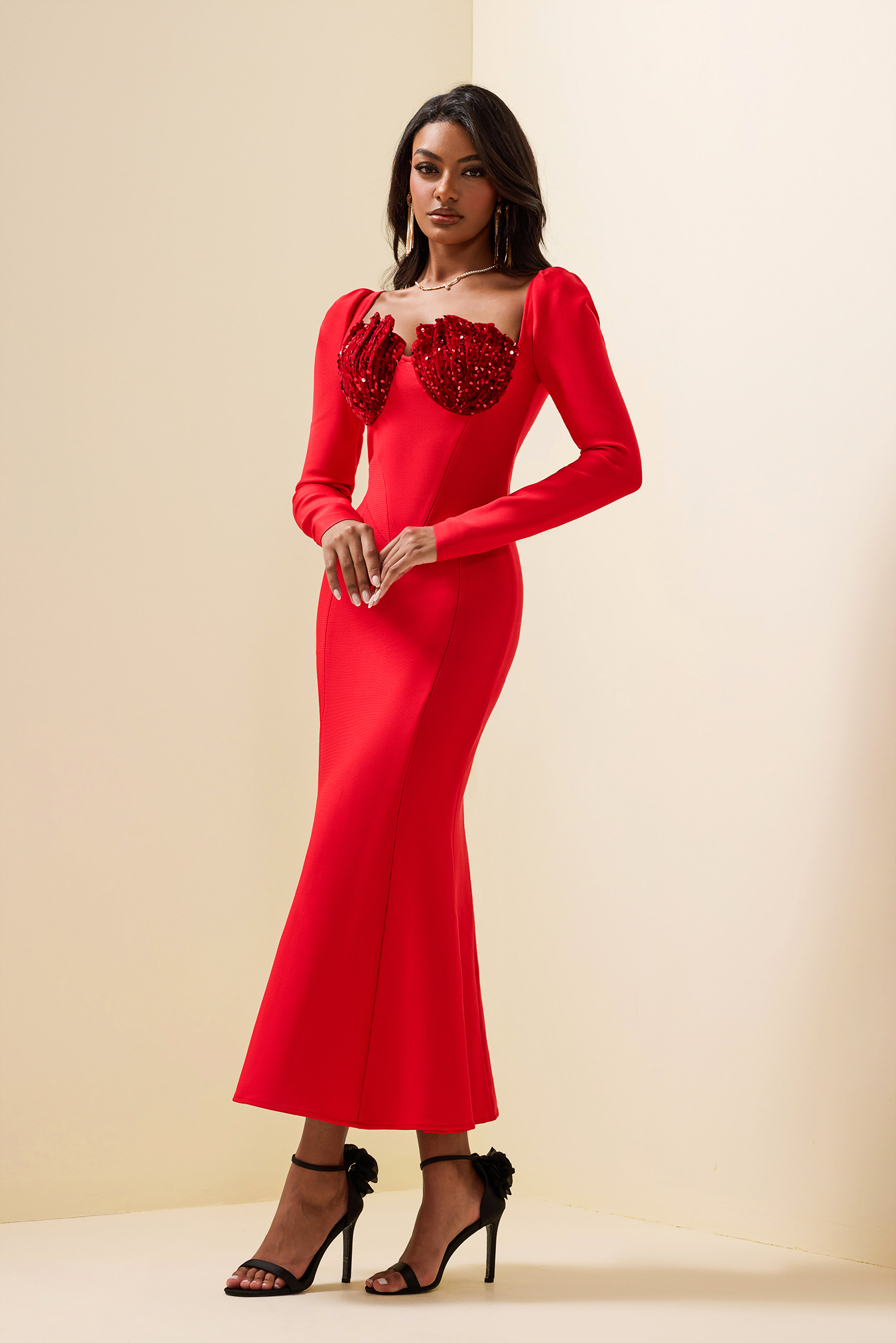 Knit Sequin Velvet Long Sleeve Midi Dress