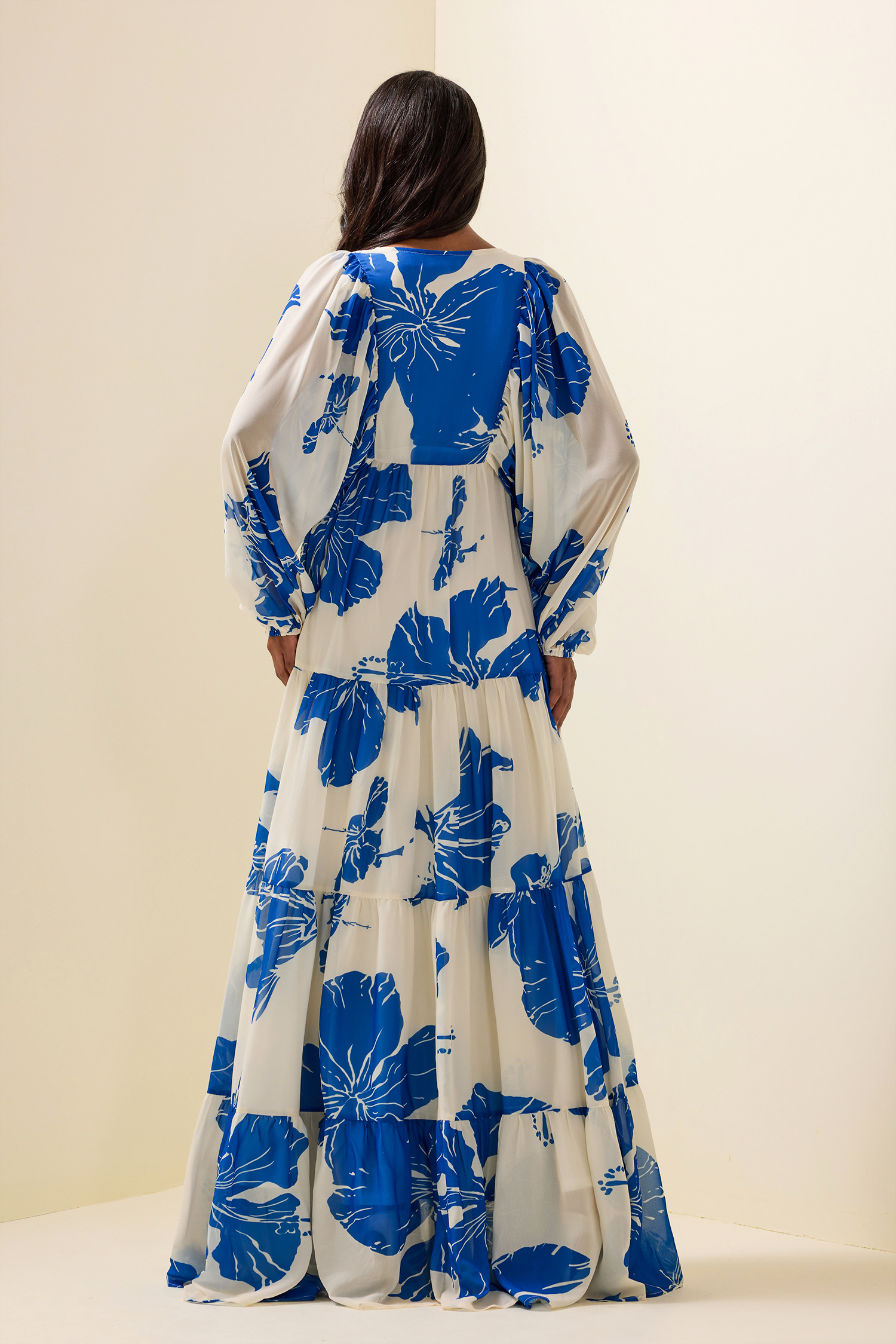 Floral Print Long Sleeve V-Neck Maxi Dress