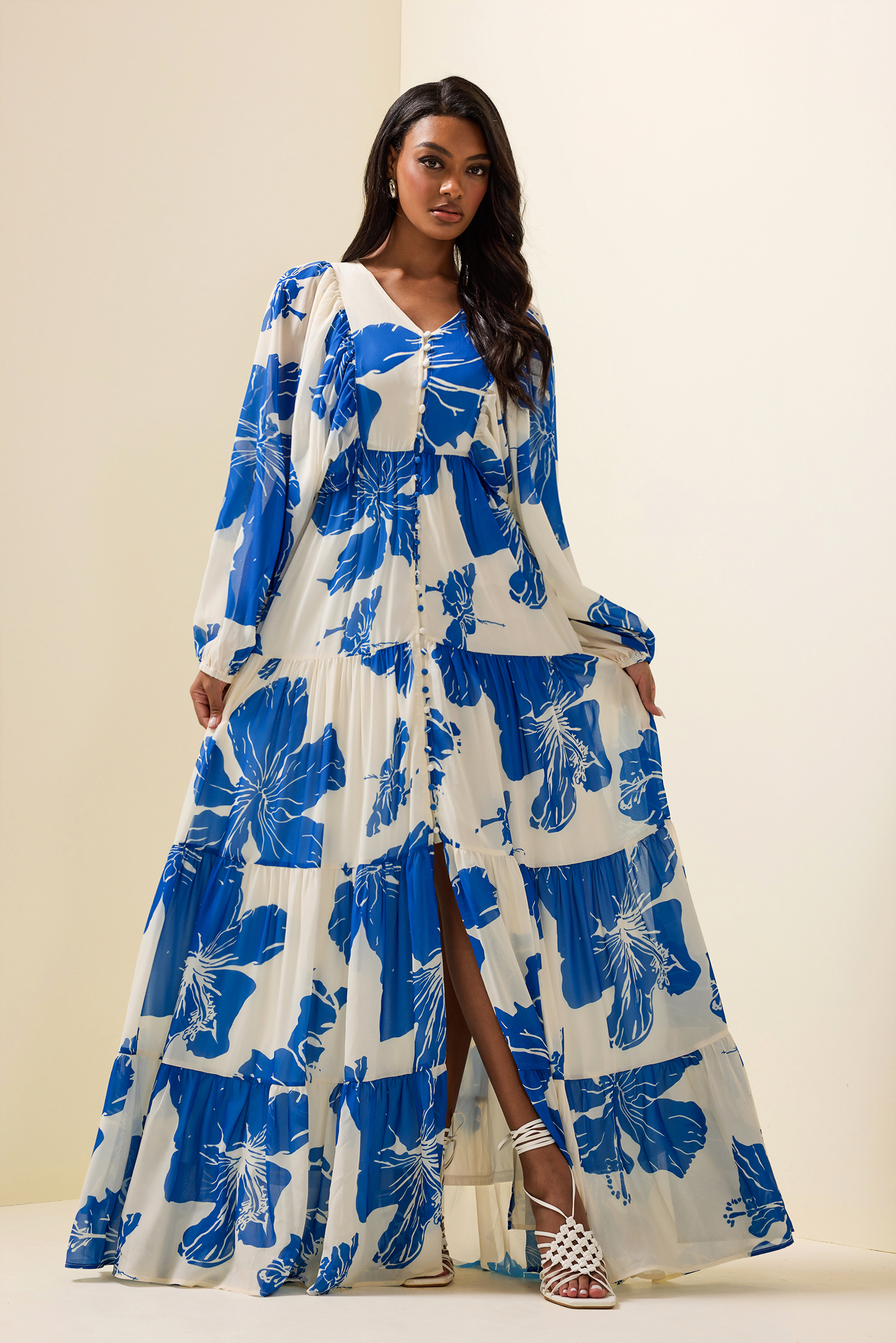 Floral Print Long Sleeve V-Neck Maxi Dress