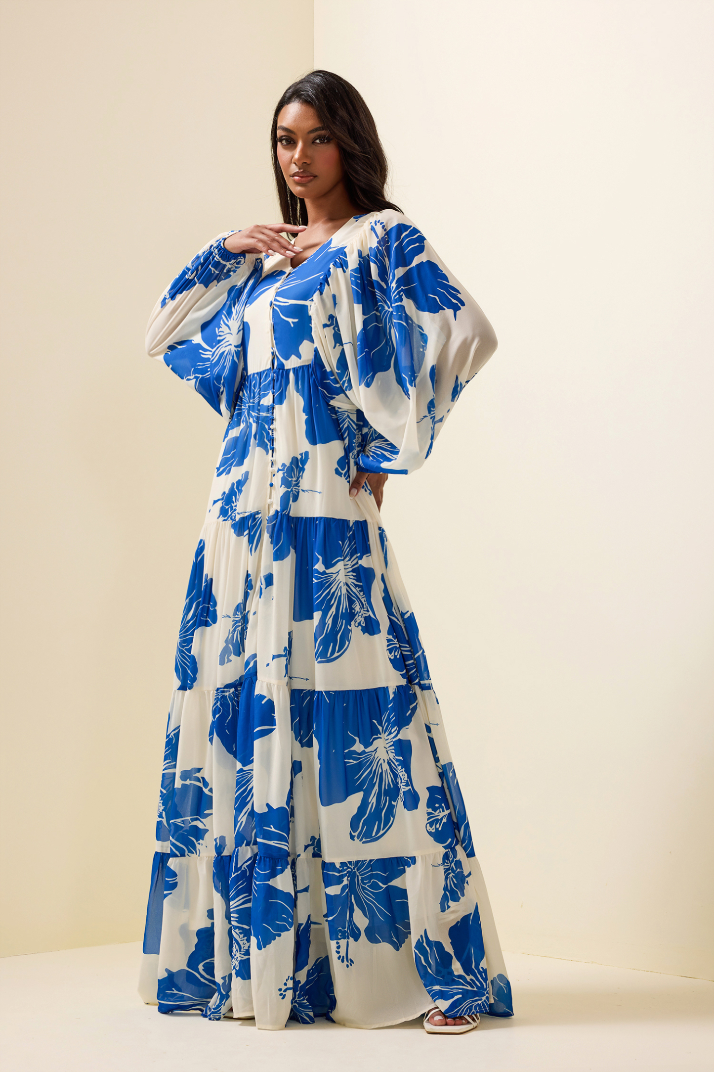Floral Print Long Sleeve V-Neck Maxi Dress