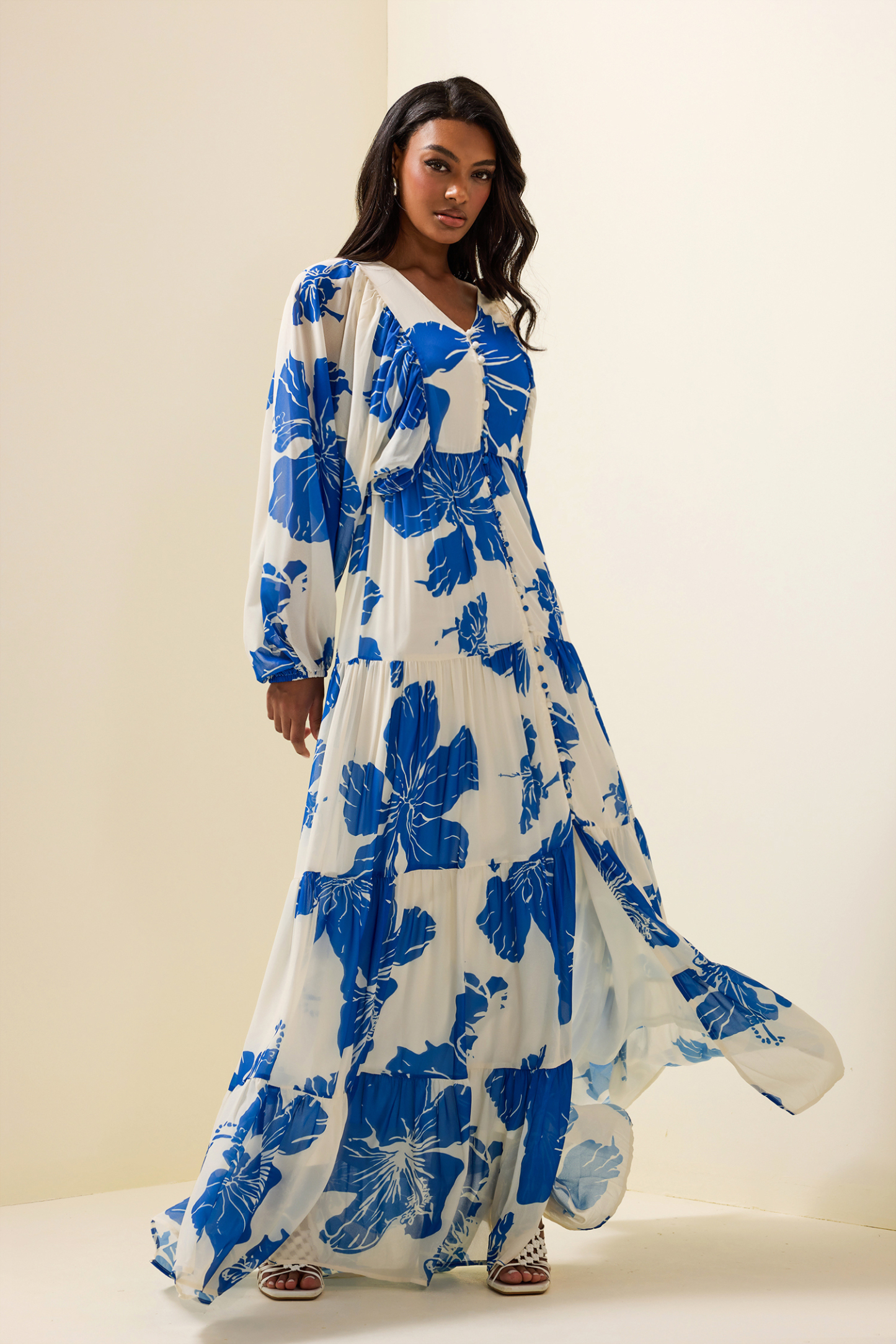 Floral Print Long Sleeve V-Neck Maxi Dress