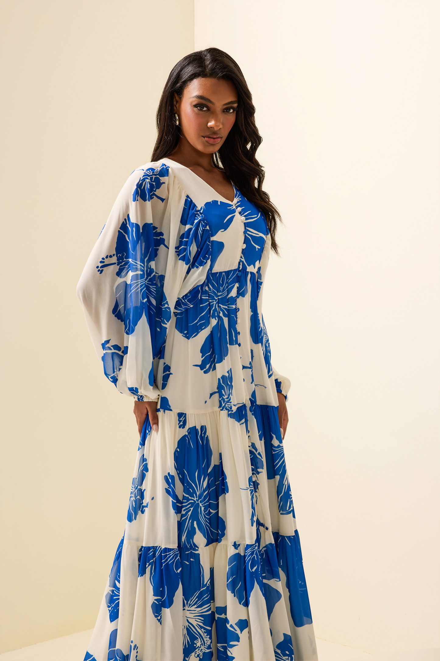 Floral Print Long Sleeve V-Neck Maxi Dress