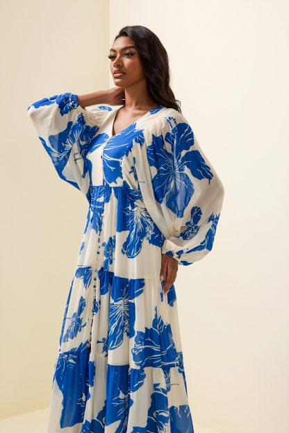 Floral Print Long Sleeve V-Neck Maxi Dress
