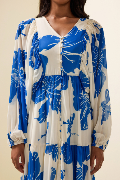 Floral Print Long Sleeve V-Neck Maxi Dress