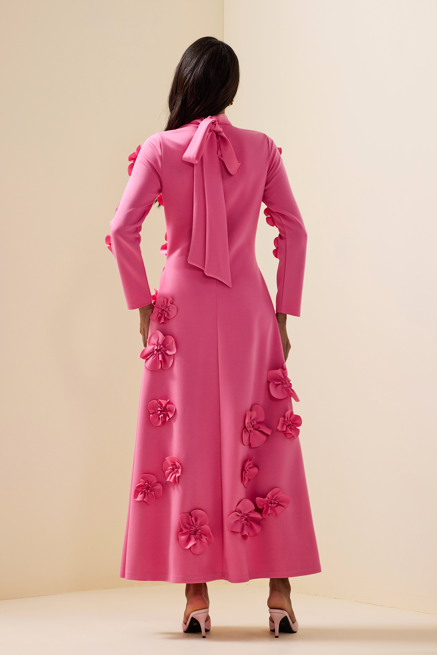3D Flower Stand Collar Long Sleeve Midi Dress