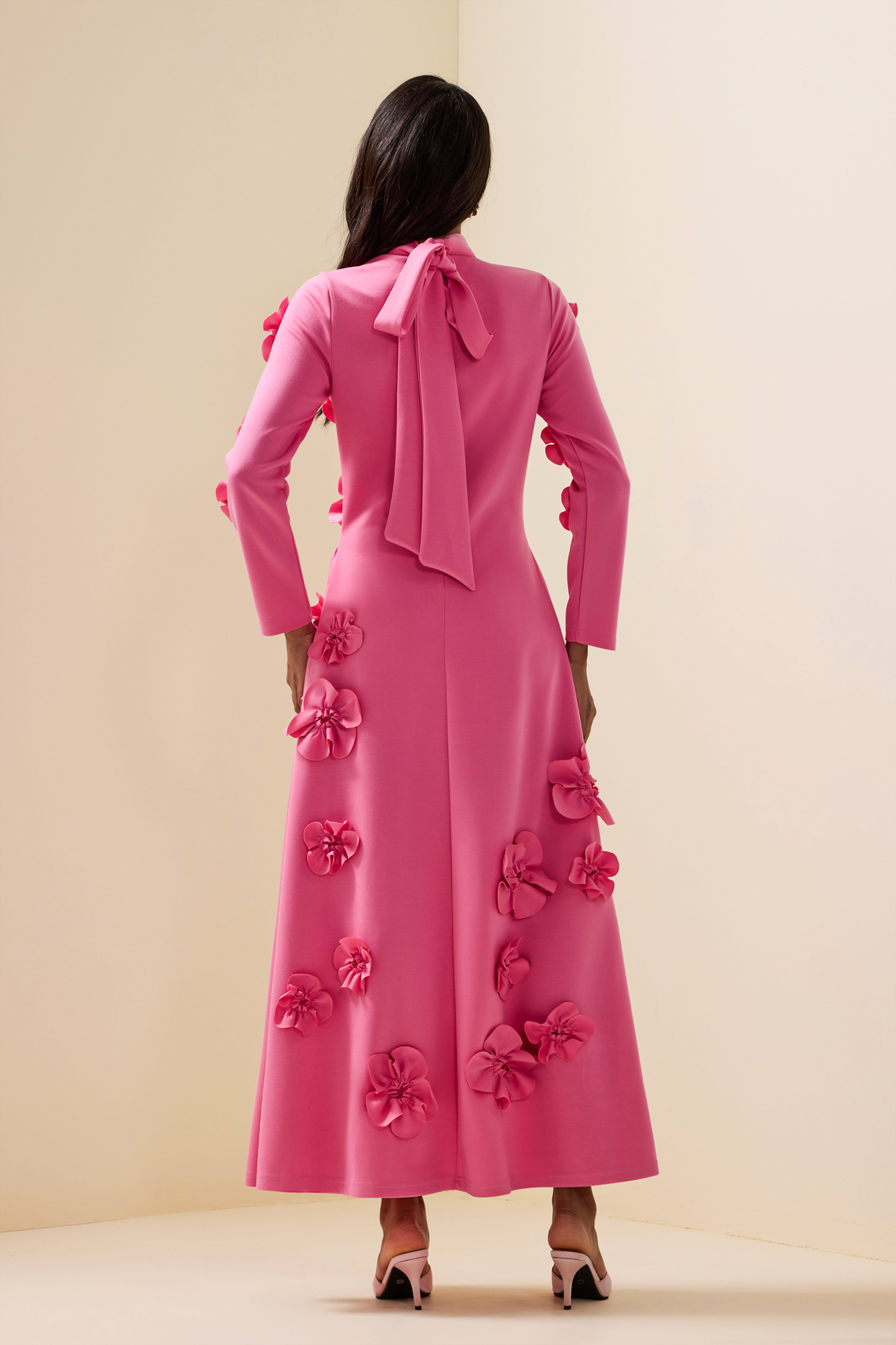 3D Flower Stand Collar Long Sleeve Midi Dress