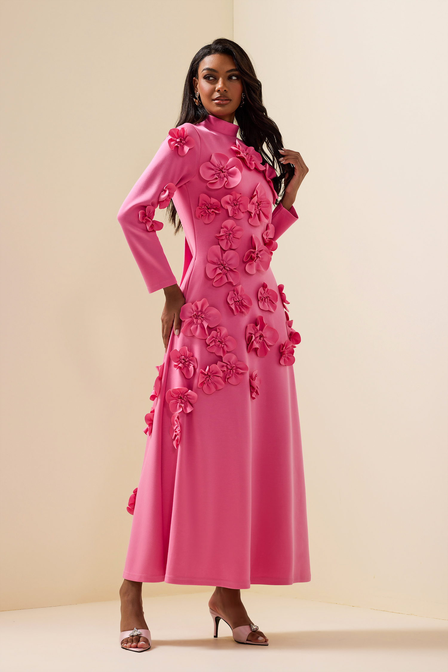 3D Flower Stand Collar Long Sleeve Midi Dress