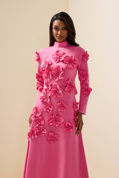 3D Flower Stand Collar Long Sleeve Midi Dress