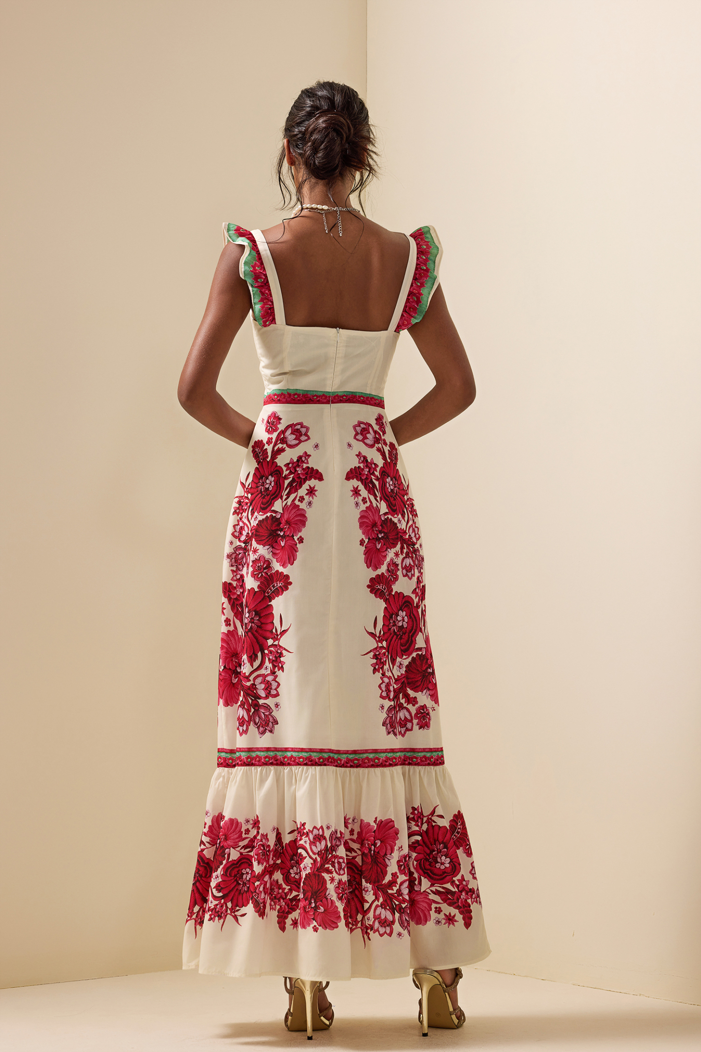 Floral Sleeveless Sweetheart Neck Splicing Midi Dress