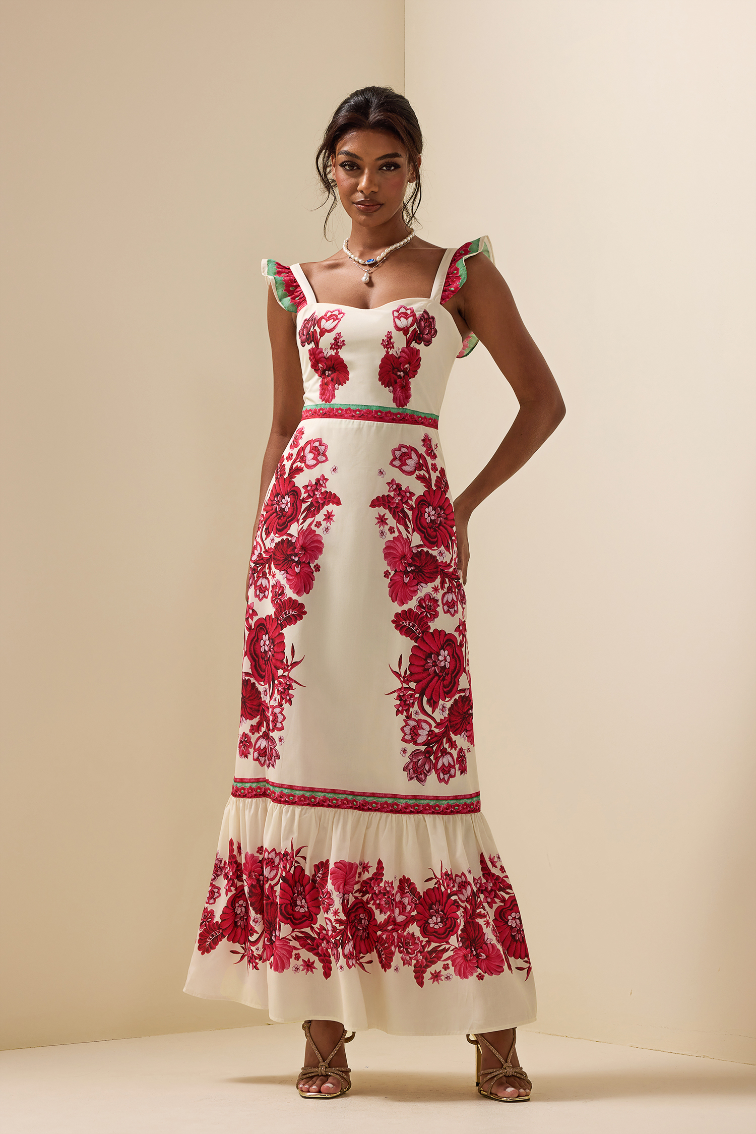 Floral Sleeveless Sweetheart Neck Splicing Midi Dress