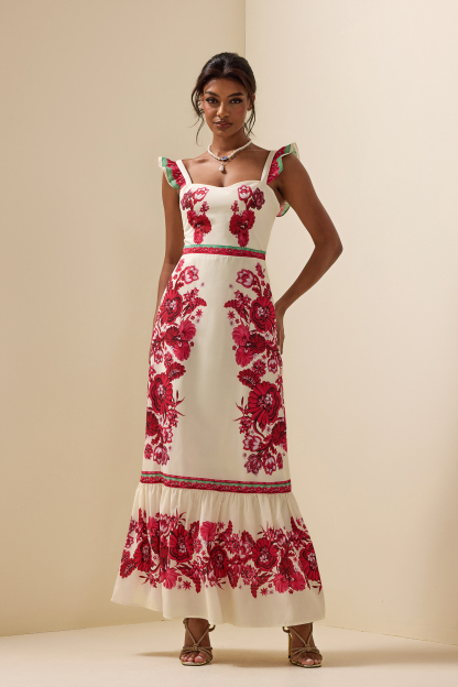 Floral Sleeveless Sweetheart Neck Splicing Midi Dress