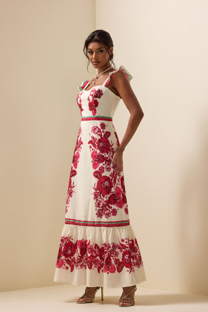 Floral Sleeveless Sweetheart Neck Splicing Midi Dress