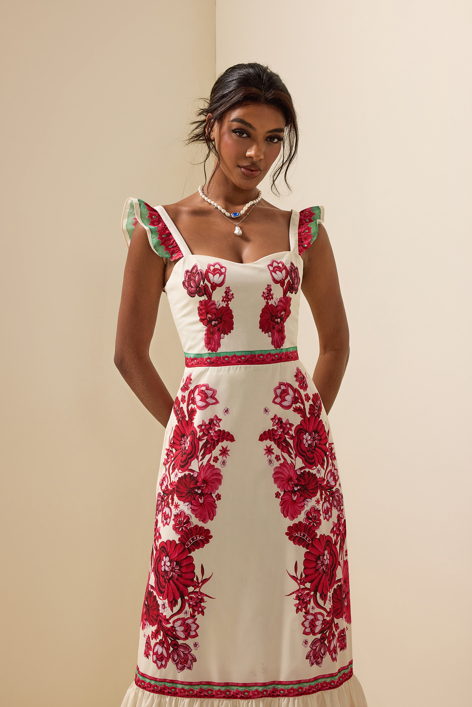 Floral Sleeveless Sweetheart Neck Splicing Midi Dress