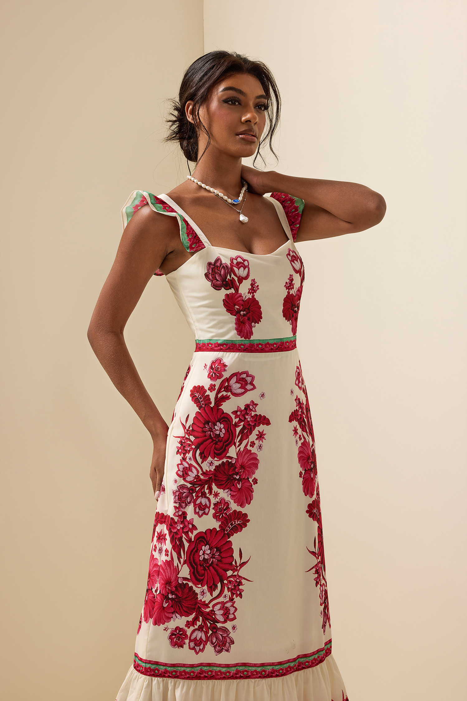 Floral Sleeveless Sweetheart Neck Splicing Midi Dress