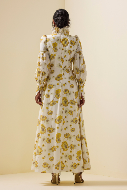Floral Stand Collar Lantern Sleeve Maxi Dress
