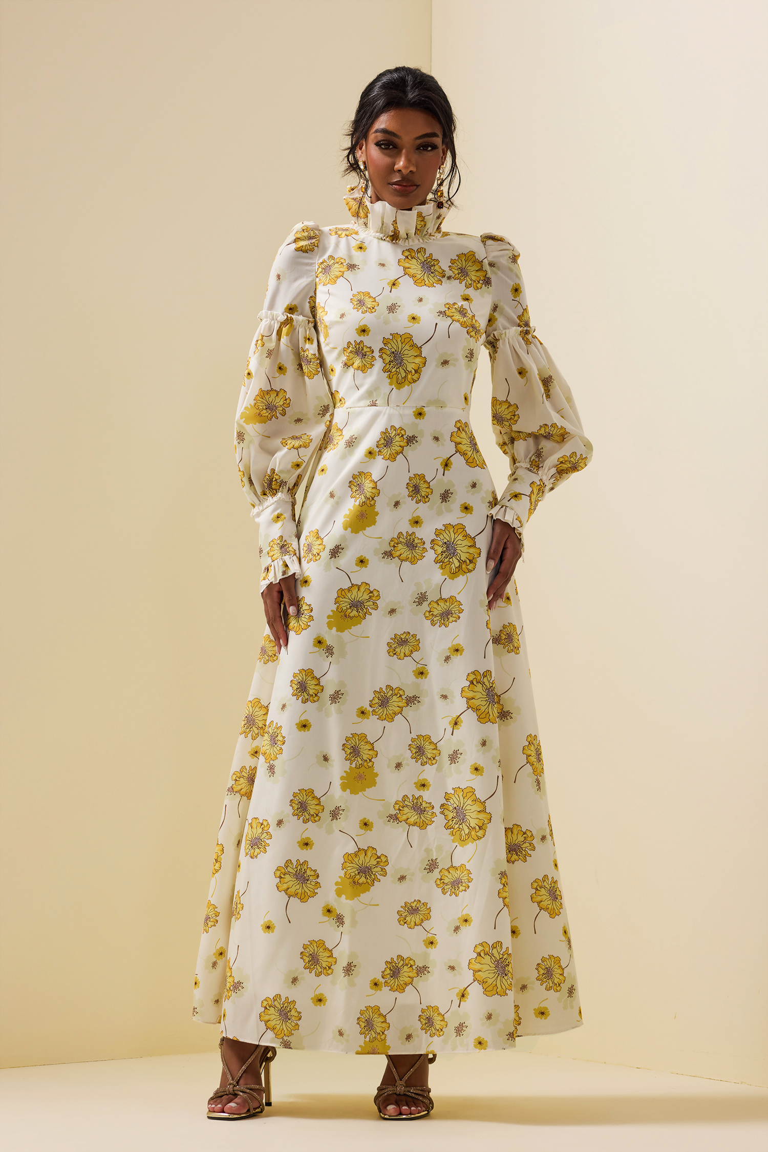 Floral Stand Collar Lantern Sleeve Maxi Dress