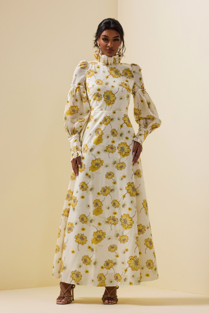 Floral Stand Collar Lantern Sleeve Maxi Dress