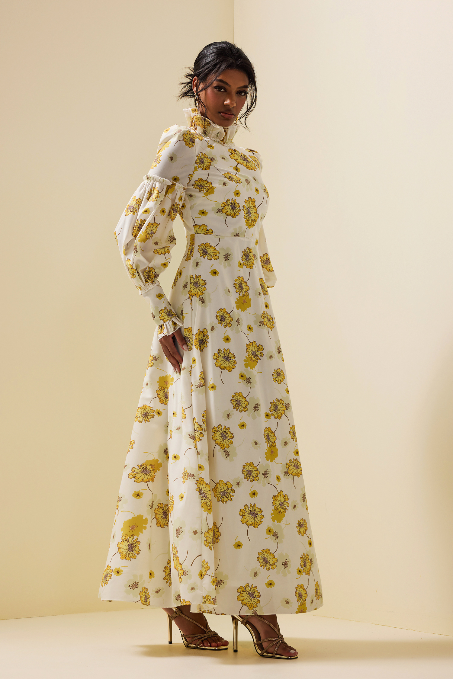 Floral Stand Collar Lantern Sleeve Maxi Dress