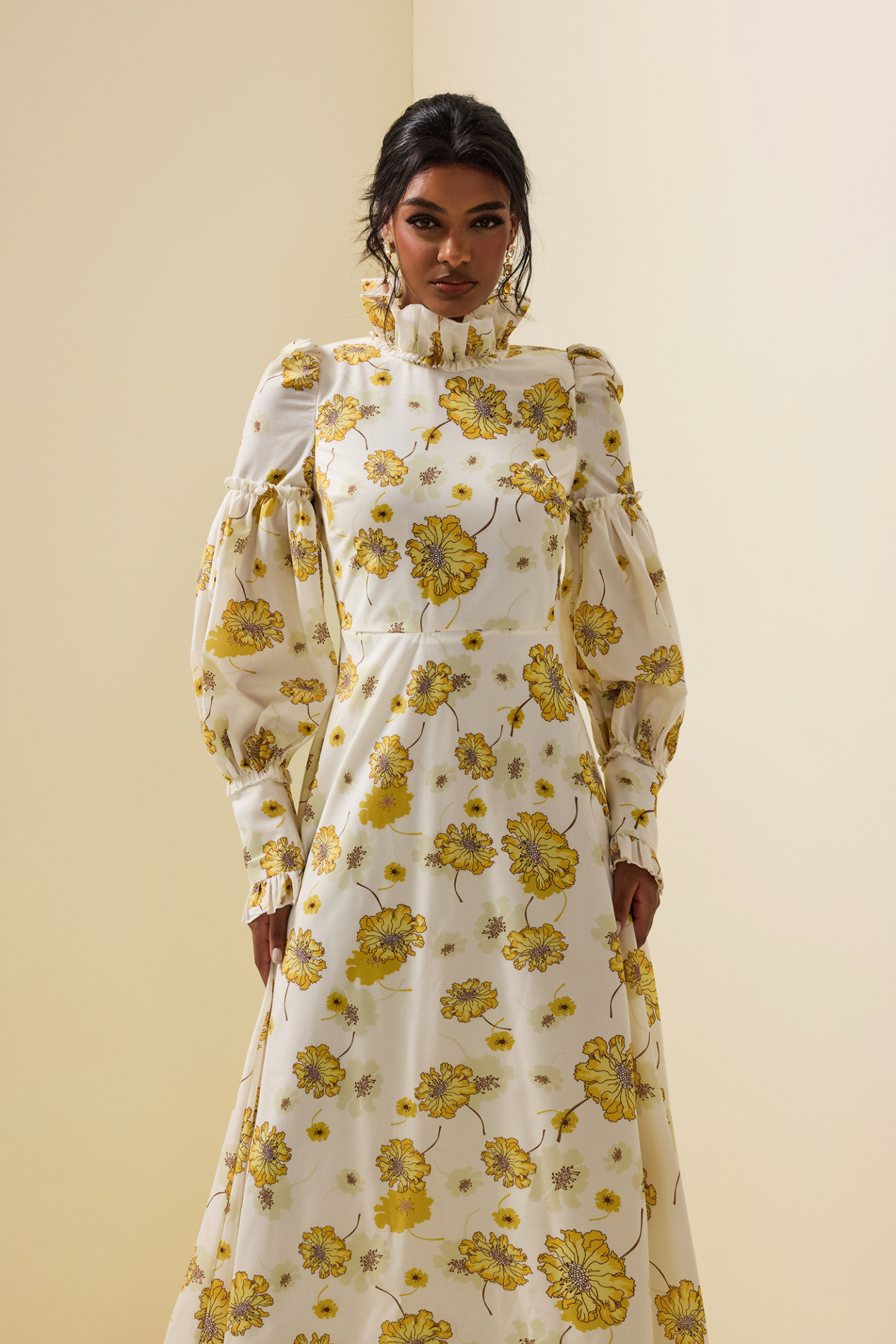 Floral Stand Collar Lantern Sleeve Maxi Dress