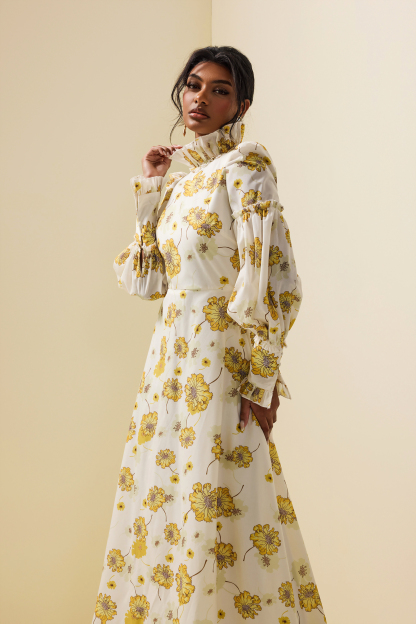 Floral Stand Collar Lantern Sleeve Maxi Dress