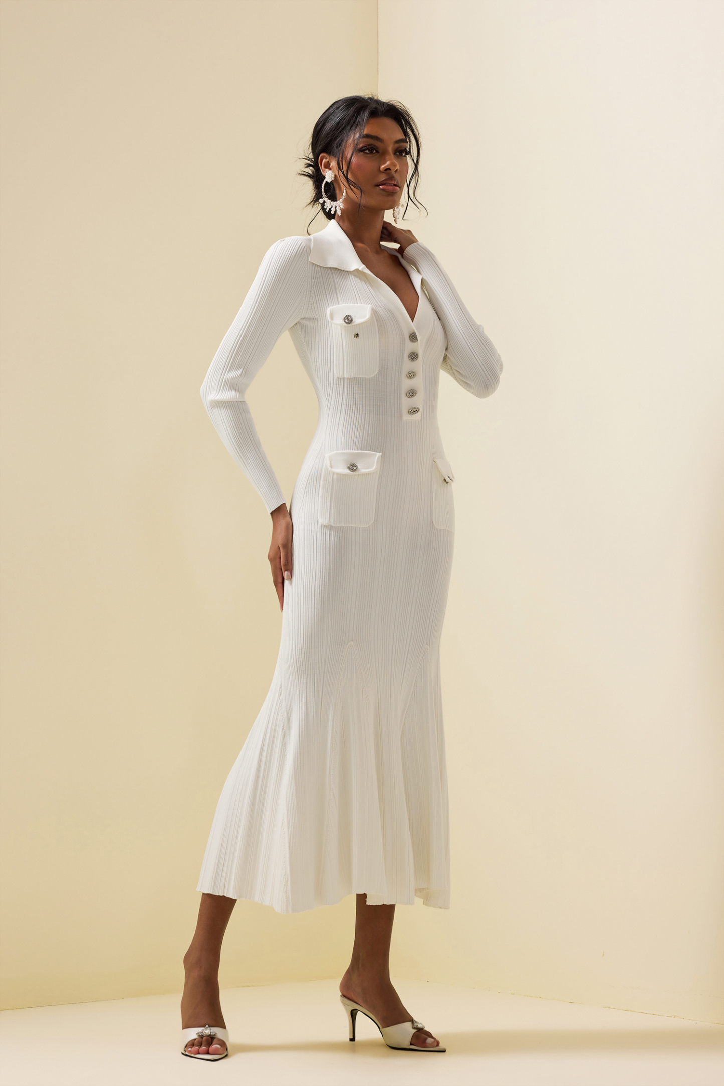 Jersey Button Long Sleeve Midi Dress