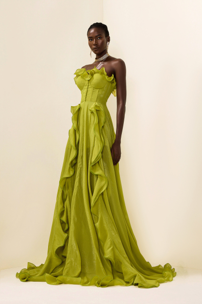 Solid Frill Sweetheart Neck Sleeveless Maxi Dress