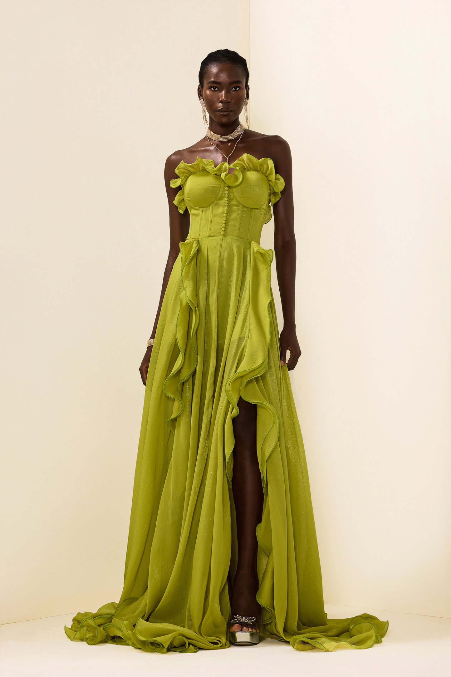 Solid Frill Sweetheart Neck Sleeveless Maxi Dress