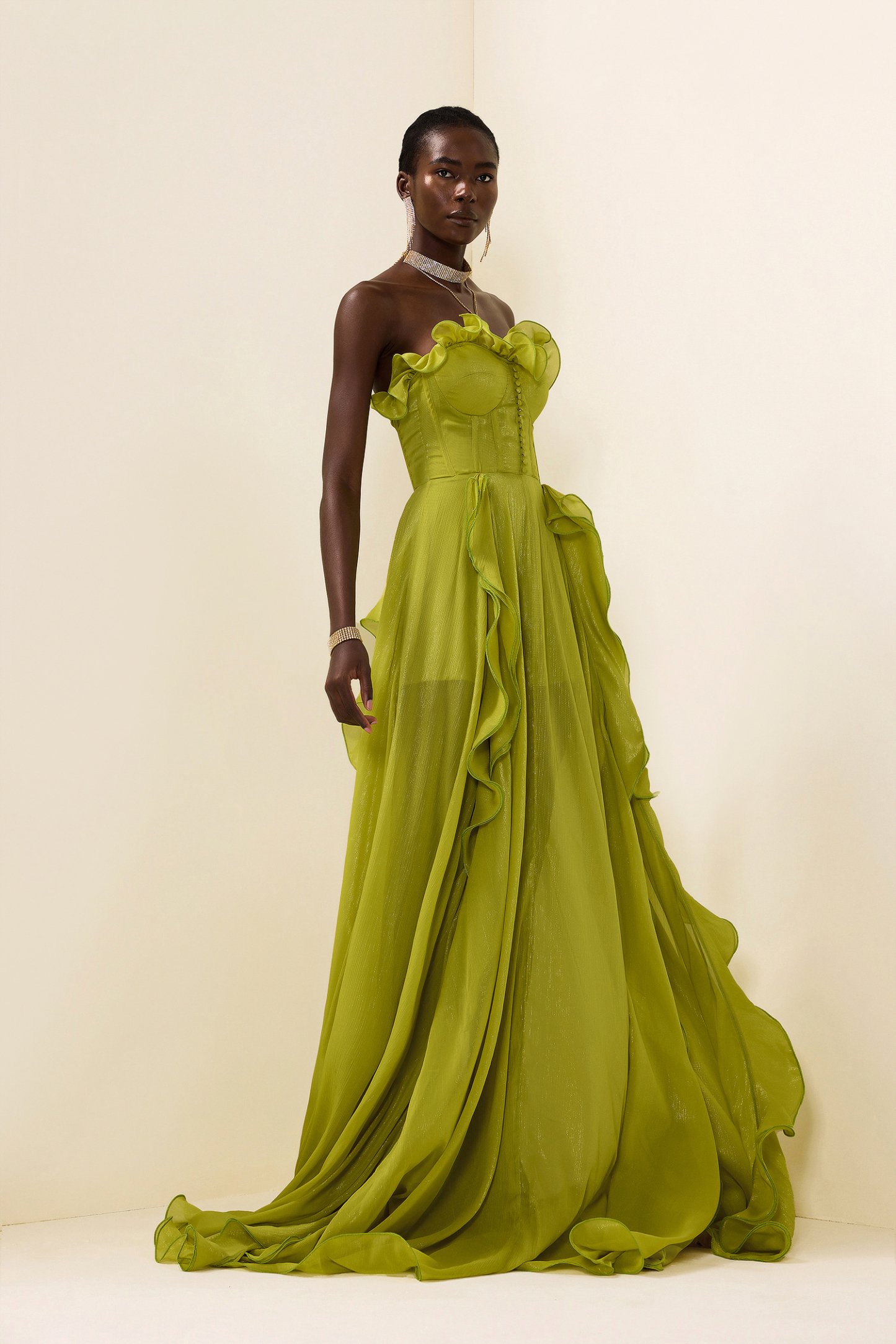 Solid Frill Sweetheart Neck Sleeveless Maxi Dress