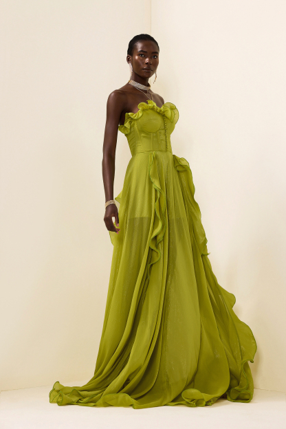 Solid Frill Sweetheart Neck Sleeveless Maxi Dress