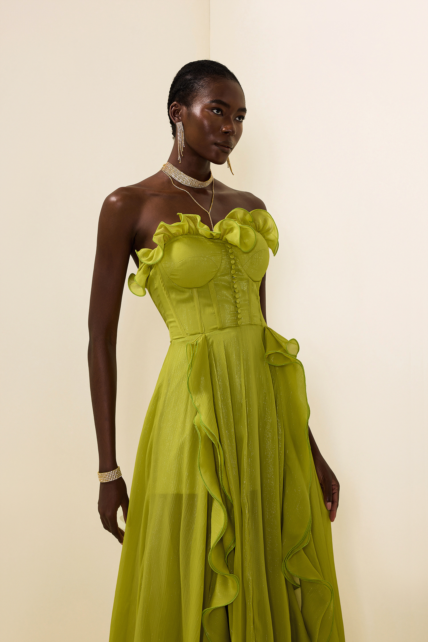 Solid Frill Sweetheart Neck Sleeveless Maxi Dress